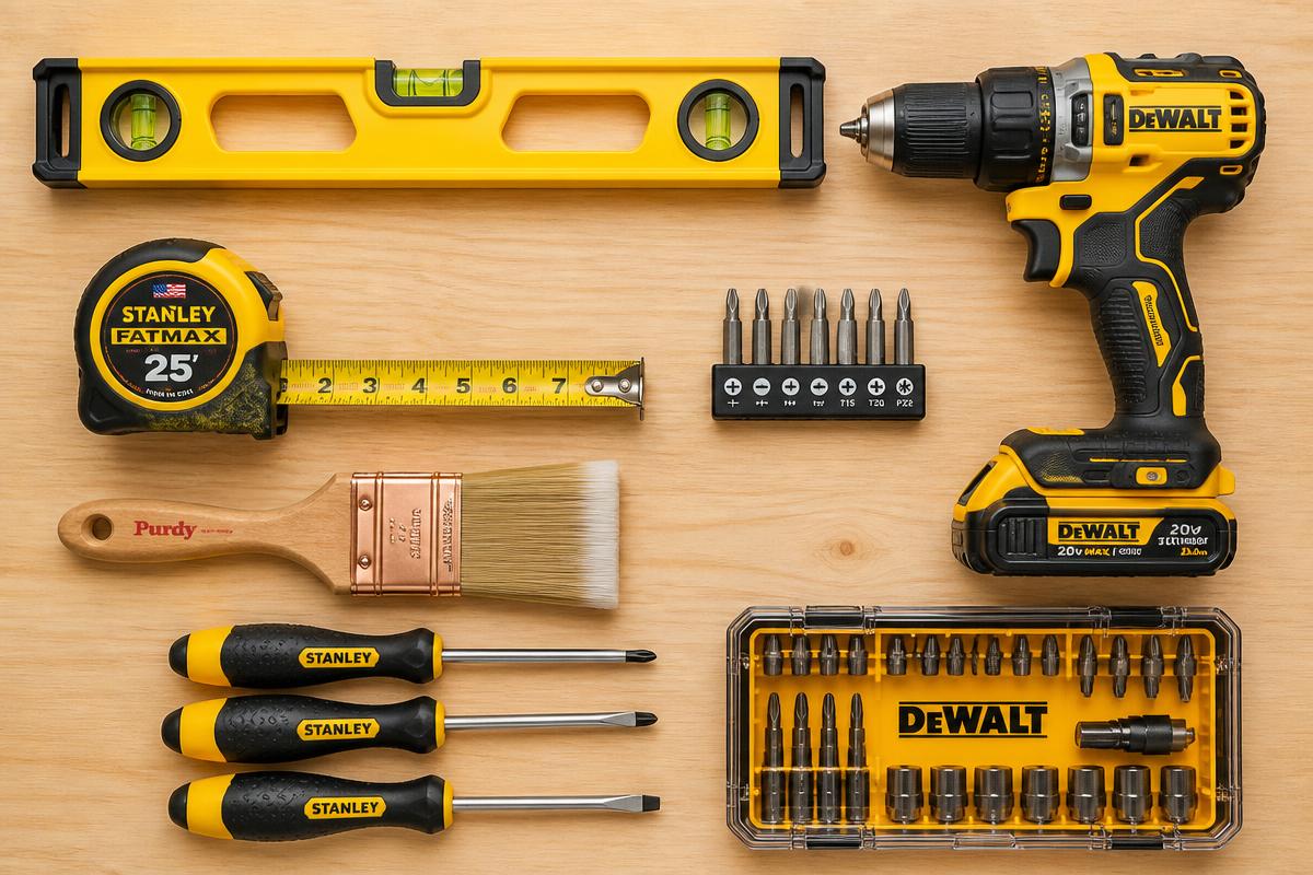Handyman's tool belt, power drill, level, and paintbrushes arranged on a wooden workbench